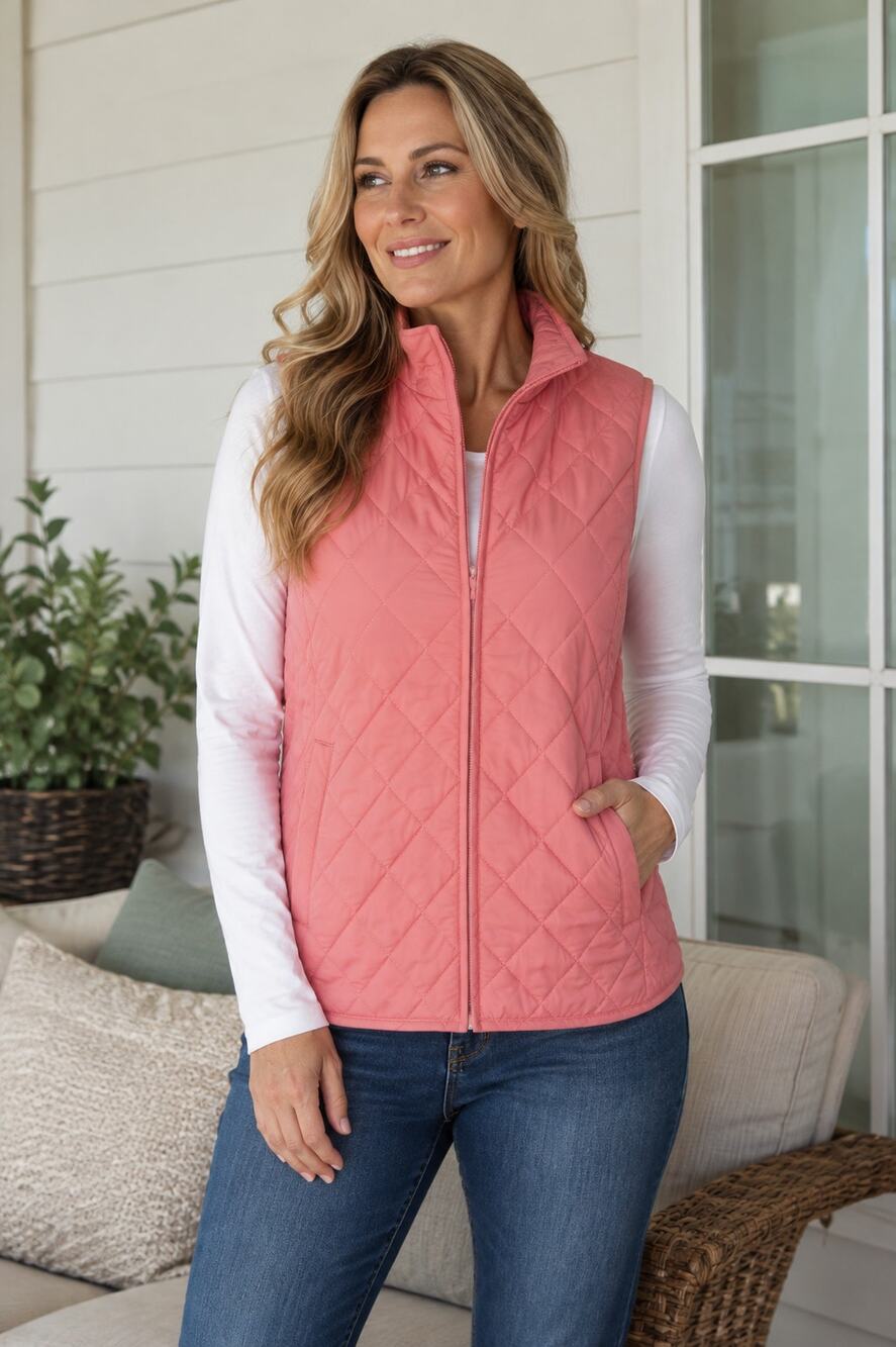 Coldwater Creek Quilted Vest Pink Coral Zip Front Mock Neck Size XL